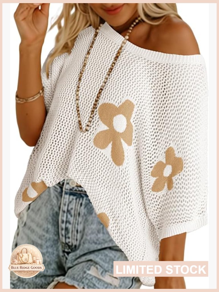Floral Crochet Pullover Sweater Lightweight Knit Beach Cover Up Short Sleeve